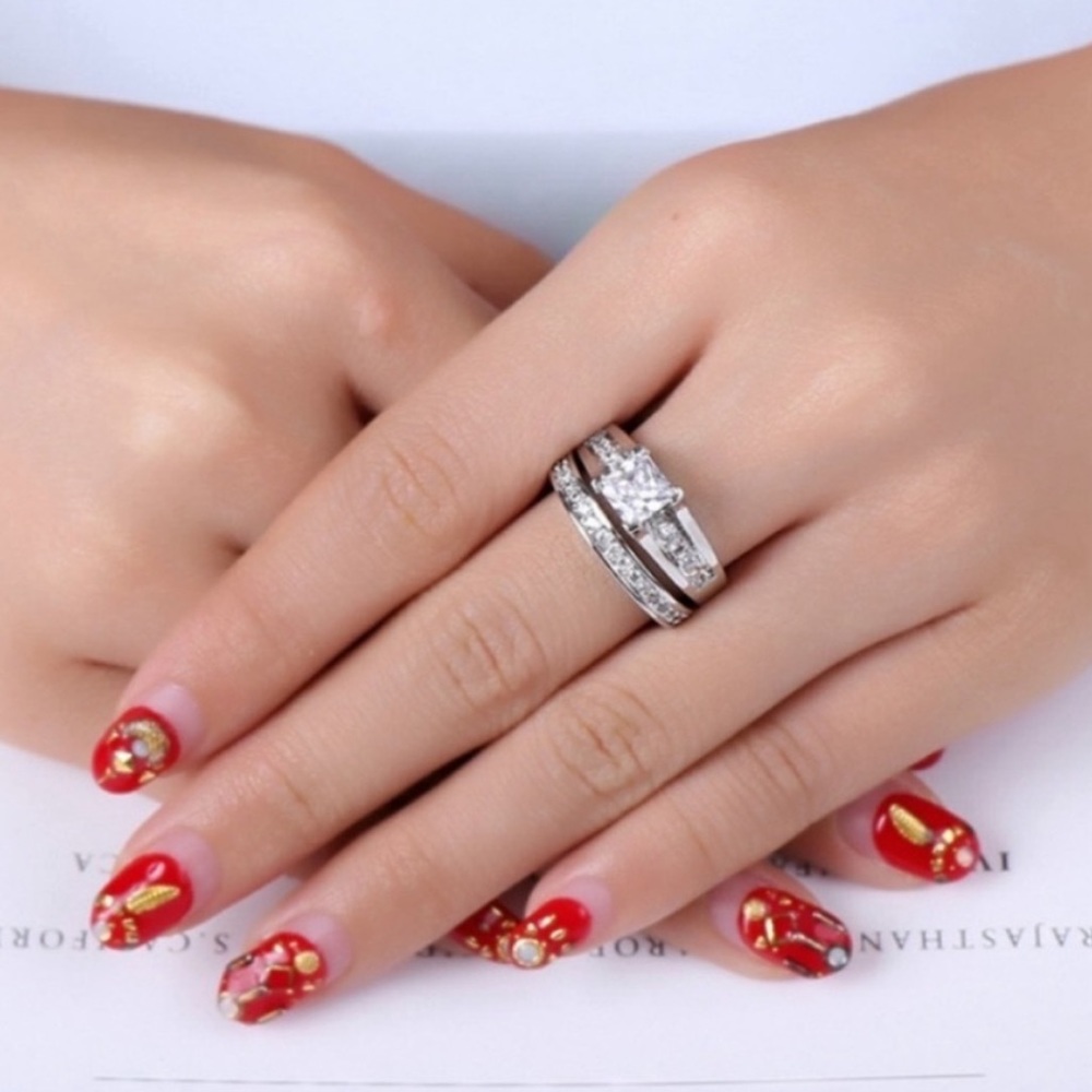NEW 925 STERLING SILVER SET ENGAGEMENT DIAMOND RING, CUTE RING, SHINY RING. - Picture 3 of 7